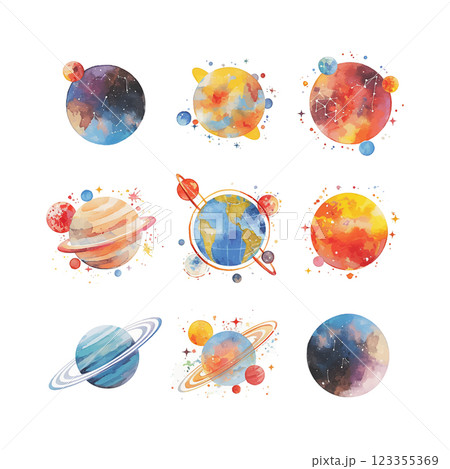 A set of colorful planets and stars, including the sun, are painted in a watercolor style 123355369