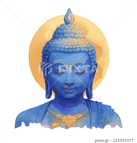 A blue Buddha statue with a yellow moon in the background. The blue color of the statue gives a sense of calmness and serenity 123355377