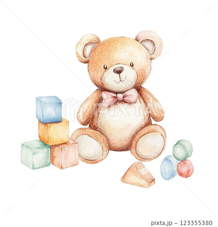 A teddy bear is sitting on a pile of blocks, including a square, a triangle, and a rectangle 123355380