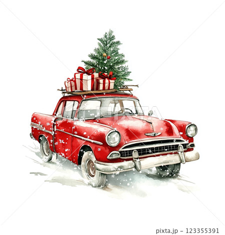 A red car is decorated with a Christmas tree...のイラスト素材 [123355391] - PIXTA