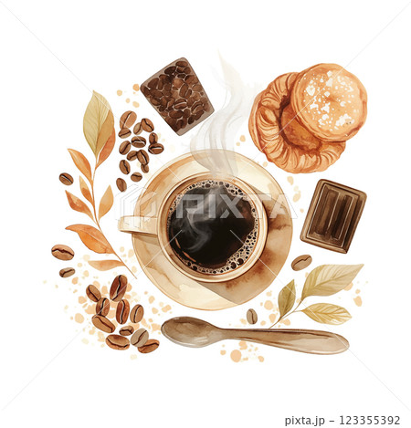 A white coffee cup with a heart on top of it and a donut next to it. The coffee cup is filled with coffee and has a few coffee beans on the table 123355392