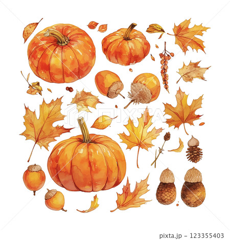 A collection of fall foliage including pumpkins, acorns, and leaves. The image has a warm, autumnal feel to it 123355403