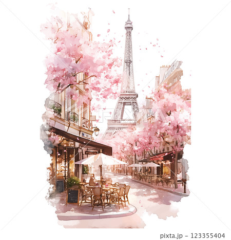A painting of a street scene with a pink tree in the background and a large Eiffel tower in the foreground. The scene is set in Paris and features a cafe with several chairs and tables 123355404
