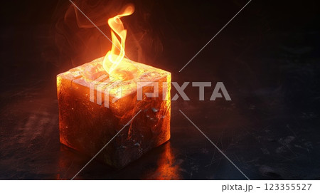 Glowing Cube With Flame Illuminating in a Dark Mysterious Setting 123355527