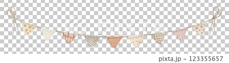 Watercolor illustration of a Garland with pastel Flags. Drawing of beige Bunting in boho style for Baby shower greeting cards or childish Birthday invitations. Art of pennants for wedding decorations. Watercolor illustration of a Garland with pastel Flags. Drawing of beige Bunting in boho style for Baby shower greeting cards or childish Birthday invitations. Art of pennants for wedding decorations. 123355657