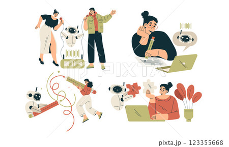 Artificial Intelligence Technology with People Character Interacting with Smart Bot Vector Set Artificial Intelligence Technology with People Character Interacting with Smart Bot Vector Set 123355668