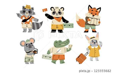 Cute Animal Traveler on Summer Vacation with Luggage Having Trip Vector Set Cute Animal Traveler on Summer Vacation with Luggage Having Trip Vector Set 123355682