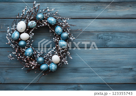 Easter egg wreath on a wooden background. Top view. Copy space 123355743