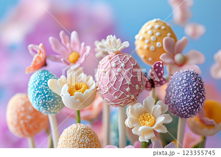 colorful easter cake pop on unfocused background 123355745