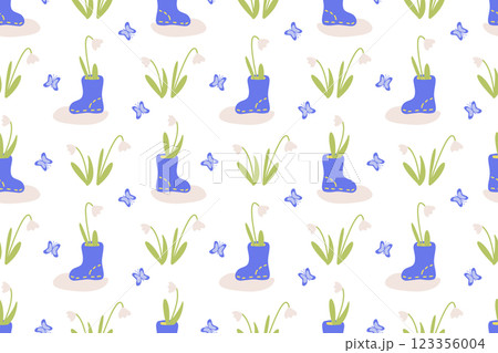 Seamless spring pattern with the first flowers of snowdrops and rubber boots, melting snow. A delicate background symbolizing the beginning of spring. 123356004