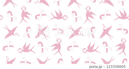 Seamless pattern with silhouettes of a spring swallow bird. Birds with spring flowers and wreaths, on the background of a breast cancer awareness ribbon. A conceptual pattern. Background design. Seamless pattern with silhouettes of a spring swallow bird. Birds with spring flowers and wreaths, on the background of a breast cancer awareness ribbon. A conceptual pattern. Background design. 123356005