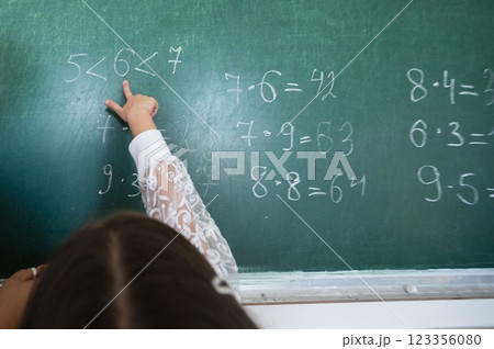 Child points to math problems on a green chalkboard, showcasing classroom learning and mathematical concepts being taught in the learning environment. Child points to math problems on a green chalkboard, showcasing classroom learning and mathematical concepts being taught in the learning environment. 123356080