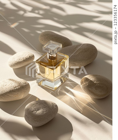 Glass Perfume Bottle Surrounded by Stones in Natural Sunlight 123356174