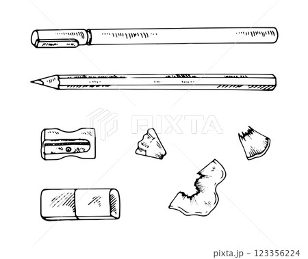 Hand drawn vector set of stationery, including pencil, pen, eraser, sharpener. Black and white line art illustration, perfect for office and school designs. Ideal for bullet journals, planners Hand drawn vector set of stationery, including pencil, pen, eraser, sharpener. Black and white line art illustration, perfect for office and school designs. Ideal for bullet journals, planners 123356224