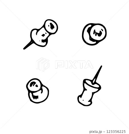 Hand drawn vector illustration of a push pin set, featuring thumbtacks, and pushbuttons. Black and white line art sketch for office and stationery designs. With isolated silhouette on the background 123356225
