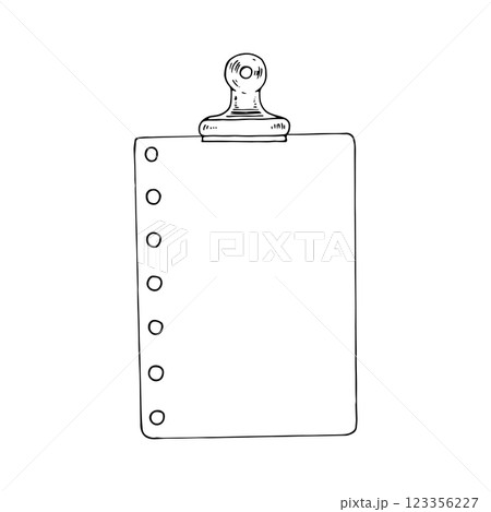 Hand drawn vector illustration of a blank paper sheet with a clip, perfect for office and stationery designs. Black and white line art sketch. Isolated drawing with copy space Hand drawn vector illustration of a blank paper sheet with a clip, perfect for office and stationery designs. Black and white line art sketch. Isolated drawing with copy space 123356227