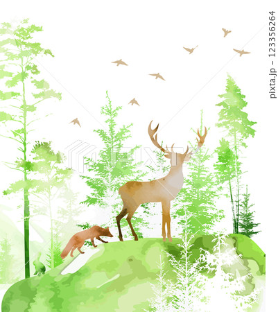 Green watercolor forest with animals. hand drawing. Not AI, Vector illustration Green watercolor forest with animals. hand drawing. Not AI, Vector illustration 123356264