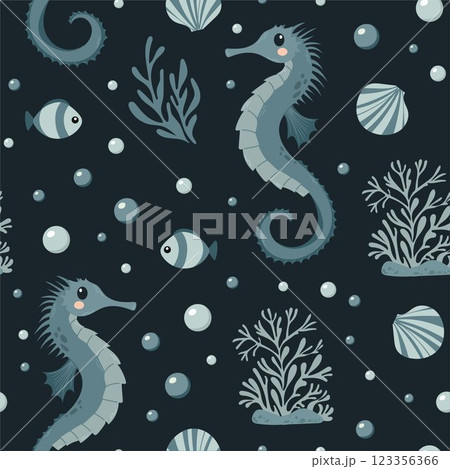 Sea seamless pattern with seahorse, fish, seaweed, seashell flat style. Ocean digital paper. Nautical underwater scrapbooking, background, print. Hand drawn vector 123356366