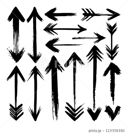 A unique set of ink arrows with hand-drawn, rough strokes. Perfect for artistic compositions, directional signage, and visual design elements. 123356392