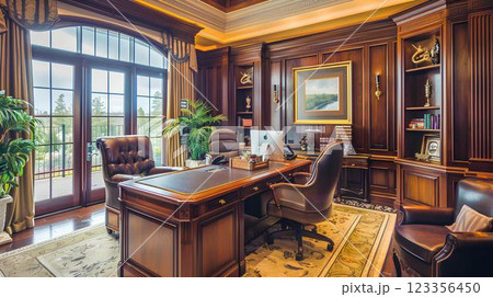 Professional Office Space Showcasing a Large Desk Comfortable Seating and Stylish Decor in a Warm and Inviting Workspace 123356450