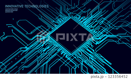 Microchip circuit board illustration. Thin electronic lines connect to the central processor. Technology, computing, and innovation concept. Minimalist digital line art background 123356452