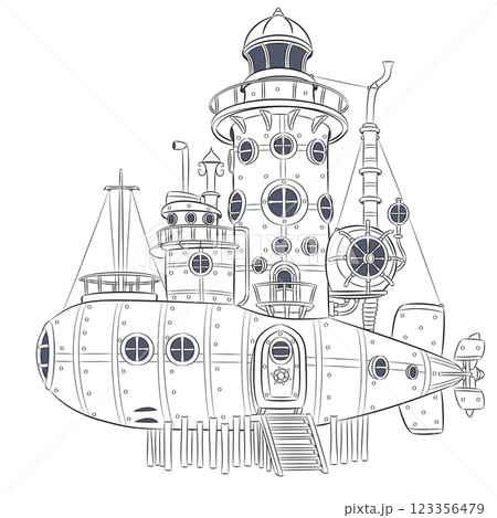 Steampunk Submarine Lighthouse. Vector black and white drawing Steampunk Submarine Lighthouse. Vector black and white drawing 123356479