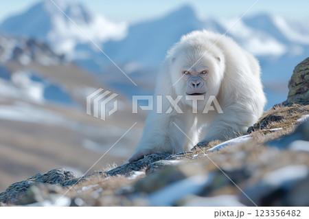 White albino yeti on the background of snow-capped mountains 123356482