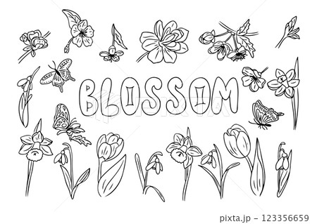 Black and white floral coloring page with bloom 123356659