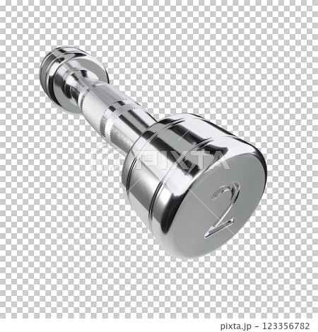 Round Chrome Dumbbell with number 2, weightlifting gym equipment wide angle view Round Chrome Dumbbell with number 2, weightlifting gym equipment wide angle view 123356782