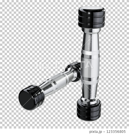 Two blank Round Dumbbells, black weightlifting gym equipment top view 123356805