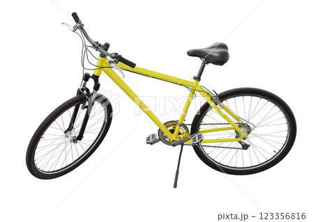 Yellow bicycle standing on kickstand 123356816