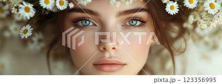 Stunning female model adorned with primrose and daisy flowers in serene setting 123356995