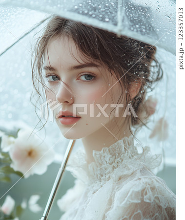 Melancholic spring portrait of a woman holding an umbrella in the rain 123357013