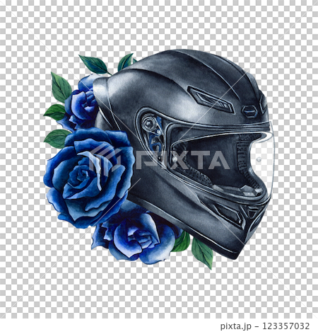 Motorcyclist helmet with flowers. Crash helmet, blue roses. Moto gear for women biker. Moto girl. Moto gear. Watercolor illustration isolated from the background. For posters, textile, t-shot 123357032