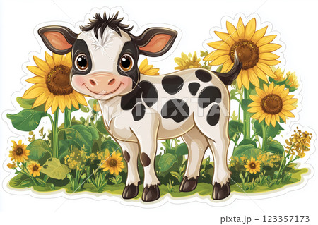 Cute baby cow enjoying a sunny day among vibrant sunflowers and flowers 123357173