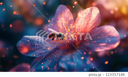 Bee gathering bright pollen from a spring flower in soft sunlight 123357186
