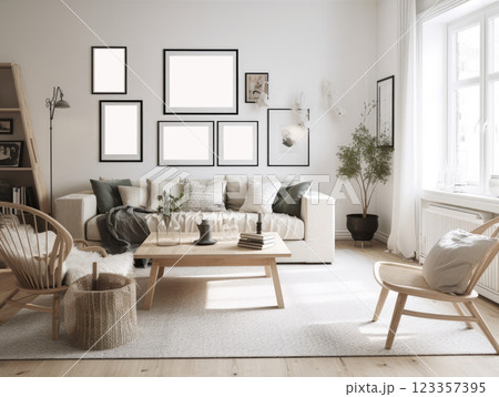 Beautiful furnished scandinavian living room interior with morning light. Generative AI 123357395