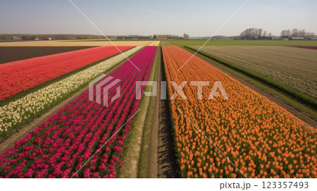 Colorful open field with beautiful tulips. Generative AI 123357493