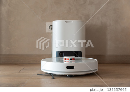 Dock station of robot vacuum cleaner in room. Front view 123357665