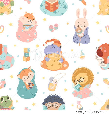 Cozy animals seamless pattern. Lion hippo hamster fox bunny in warm blankets and plaids. Cartoon animals childish print for fabric, nowaday vector background 123357686