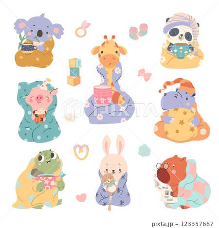 Cartoon animals in blankets. Wild animal covering in warm blanket and drink hot tea or cocoa. Koala giraffe hippo panda with plaids, nowaday vector characters 123357687