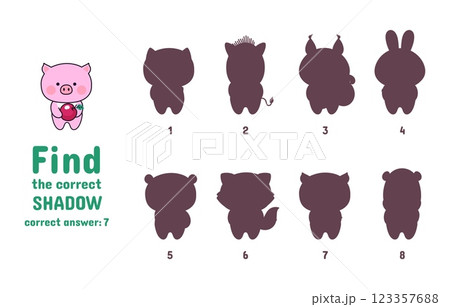 Puzzle game find correct shadow of animal. Cute pig with apple. Childish preschool kindergarten play with different shadows. Educational vector element 123357688