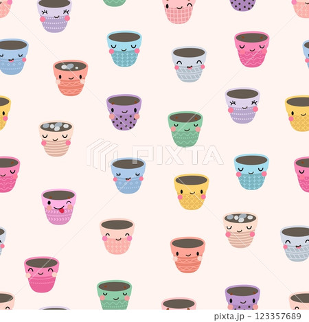 Plant pots seamless pattern. Kawaii funny emotional pot, gardening equipments. Decorative print design for fabric, website, wrapping, vector background Plant pots seamless pattern. Kawaii funny emotional pot, gardening equipments. Decorative print design for fabric, website, wrapping, vector background 123357689