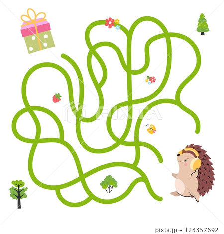 Kids puzzle game with hedgehog and gift. Little hedgehog find present for birthday. Children maze for kindergarten or preschool break, vector location 123357692