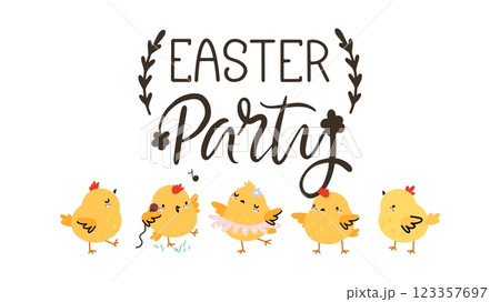 Easter party banner with fluffy yellow chicken. Cute chicks dancing singing and have fun. Spring festive time, seasonal handwritten phrase, vector template Easter party banner with fluffy yellow chicken. Cute chicks dancing singing and have fun. Spring festive time, seasonal handwritten phrase, vector template 123357697