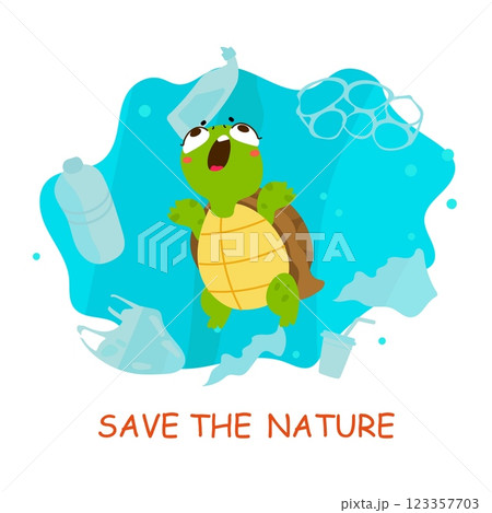 Cartoon turtle and garbage. Trash in ocean or sea, problem of water and planet pollution. Environment, accumulation of waste and its negative impact, vector concept Cartoon turtle and garbage. Trash in ocean or sea, problem of water and planet pollution. Environment, accumulation of waste and its negative impact, vector concept 123357703