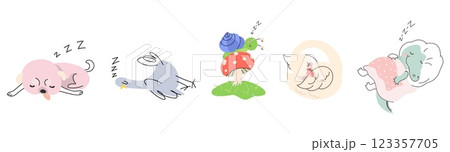 Animals sleeping in different poses. Dog pigeon snail crocodile and swan. Resting wild animal, insect, birds and pet. Isolated funny vector characters Animals sleeping in different poses. Dog pigeon snail crocodile and swan. Resting wild animal, insect, birds and pet. Isolated funny vector characters 123357705