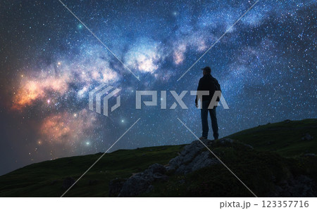 Glowing Milky Way and man on mountain peak at starry night 123357716
