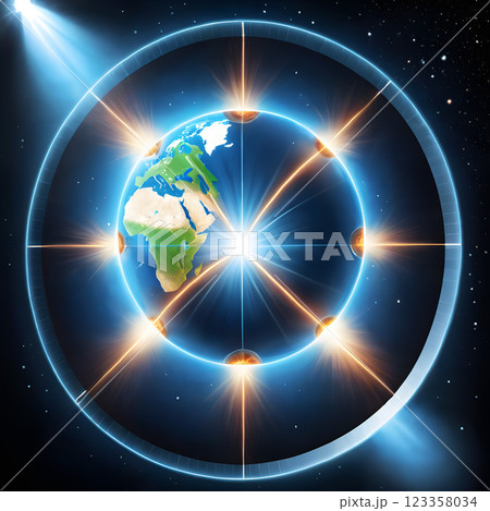 Futuristic Earth with Glowing Ring and Rays of Light in Outer Space 123358034
