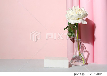 Stage for demonstrating product and business concept. Minimal modern aesthetics. Abstract floral arrangement, empty podium for product and fresh peony flowers, elegant beauty concept, 123358048